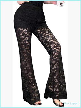 Y2K Lace Sheer Mesh Flare Pants High Waisted Bell Bottom Rave Pants